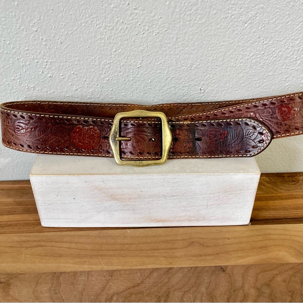Abercrombie & Fitch Tooled Leather Belt Y2K Western Brown Small Vtg Floral USA